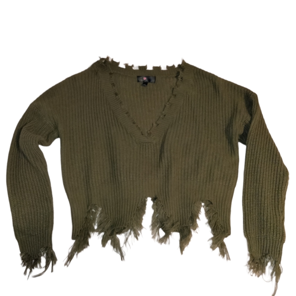Drop Shoulder Distressed Trim Sweater
